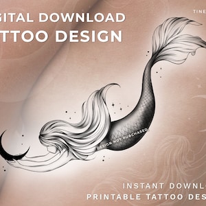 Feminine swimming Mermaid with Moon - Black & Grey  Printable Tattoo Design - Instant Download