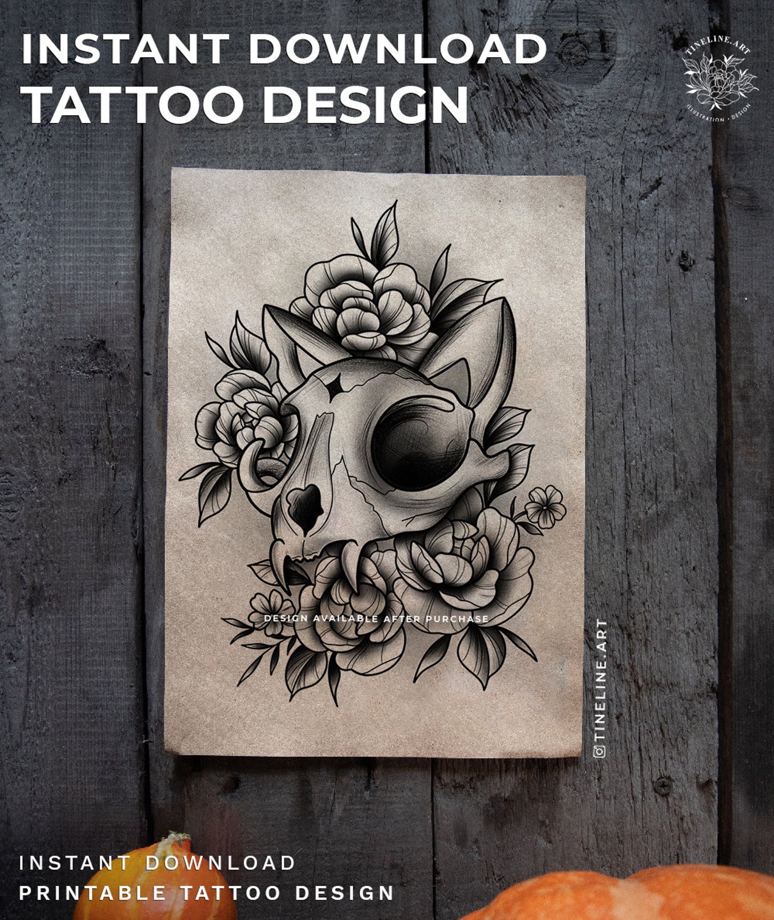 Tattoo Design - Cat Skull With Peonies, Floral Feminine,fineline ...