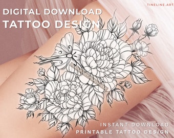 May include: A printable tattoo design featuring a black and white outline of a butterfly and flowers. The design is on a light pink background.  The text "DIGITAL DOWNLOAD TATTOO DESIGN" is at the top of the image. The text "INSTANT DOWNLOAD PRINTABLE TATTOO DESIGN" is at the bottom of the image.