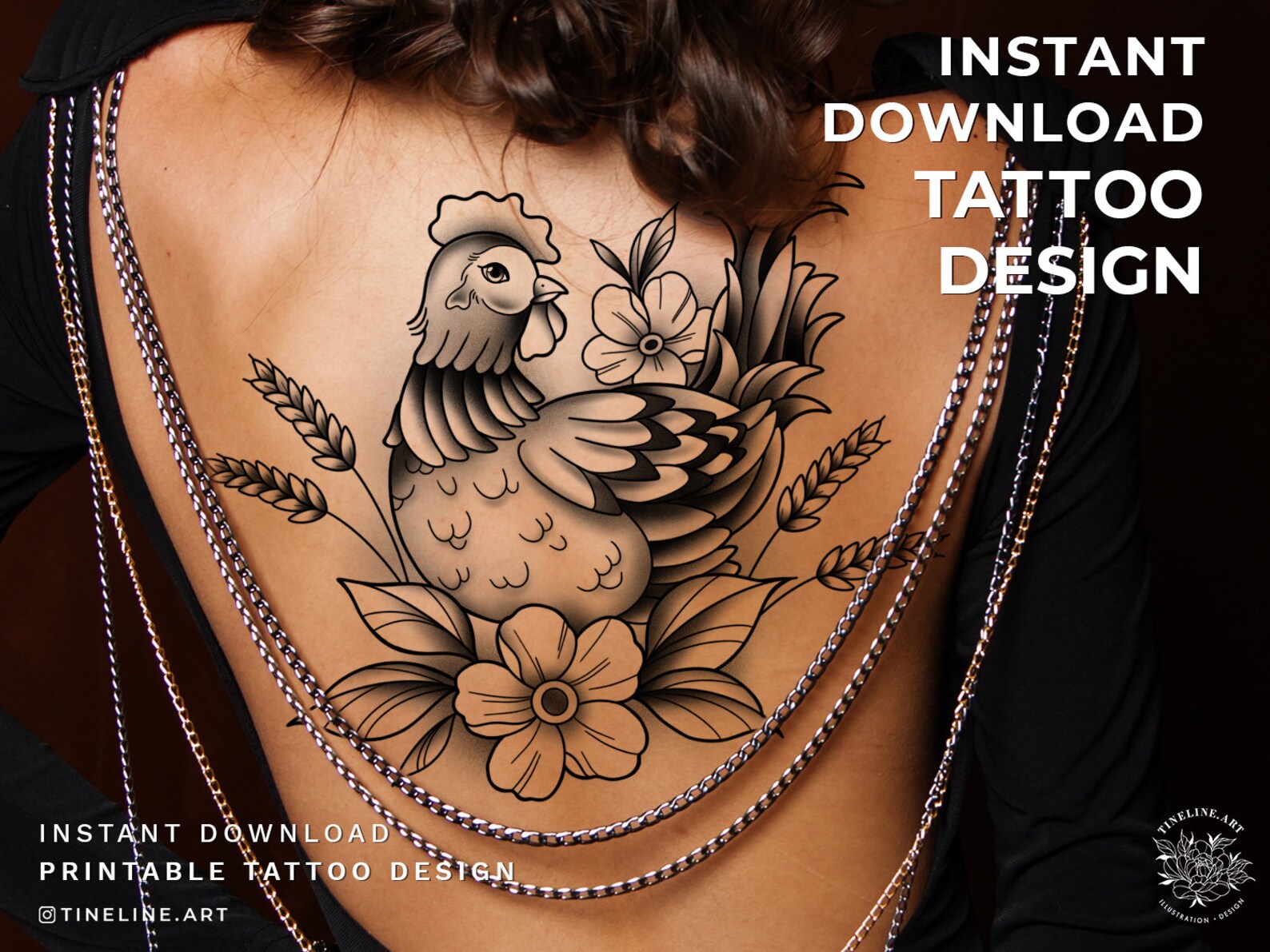 Tattoo Design - Floral Rooster Chicken With Wheat Feminine,fineline ...