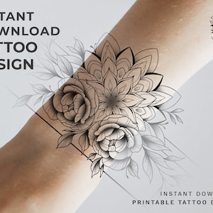 Peony Mandala Bracelet Black/Grey Greyscale - Printable Tattoo Design - Floral/Feminine - Flowers Tattoo Idea-Instant Download
