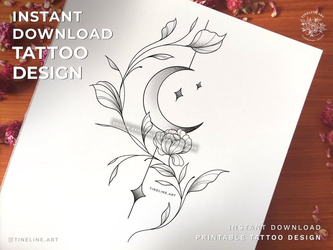 moon-with-floral-elements-geometric-black-grey-greyscale-printable-tattoo-design-floral-feminine-flowers-tattoo-idea-instant-download-etsy