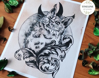 Rose Neotraditional Blackwork Cat Tattoo Art Print - Etsy