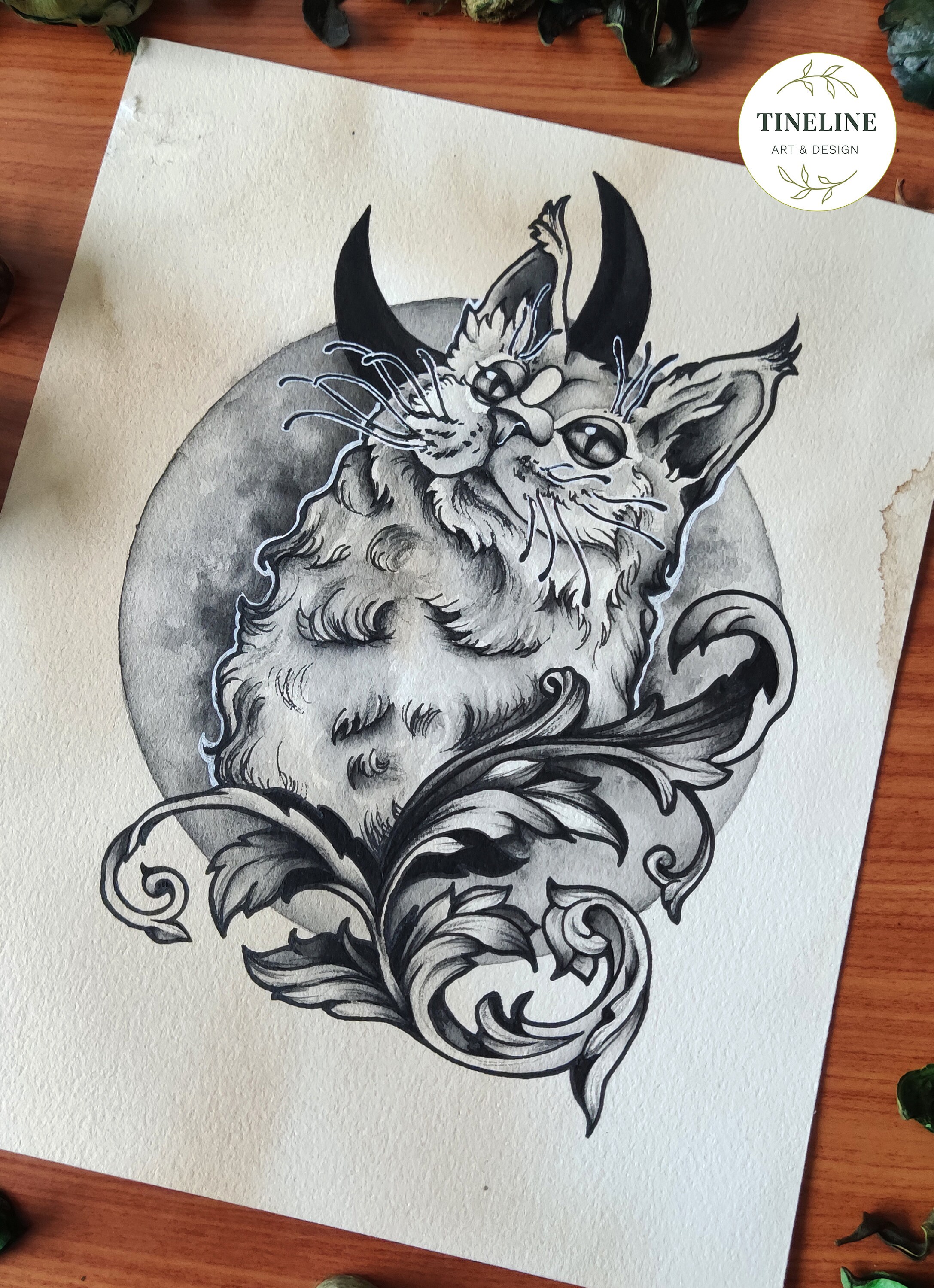 Tattoo schwarz schwarz &amp; grau Katze Mond Original Acryl Tinte Etsy