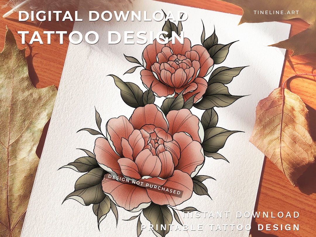Color Tattoo Design Neotraditional Peony Floral Printable Etsy