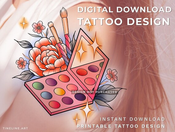 Instant Download Printable Tattoo Design Makeup Lover Peony With Flowers  and Eyeshadow Palette With Brushes Girly Tattoo for Women - Etsy