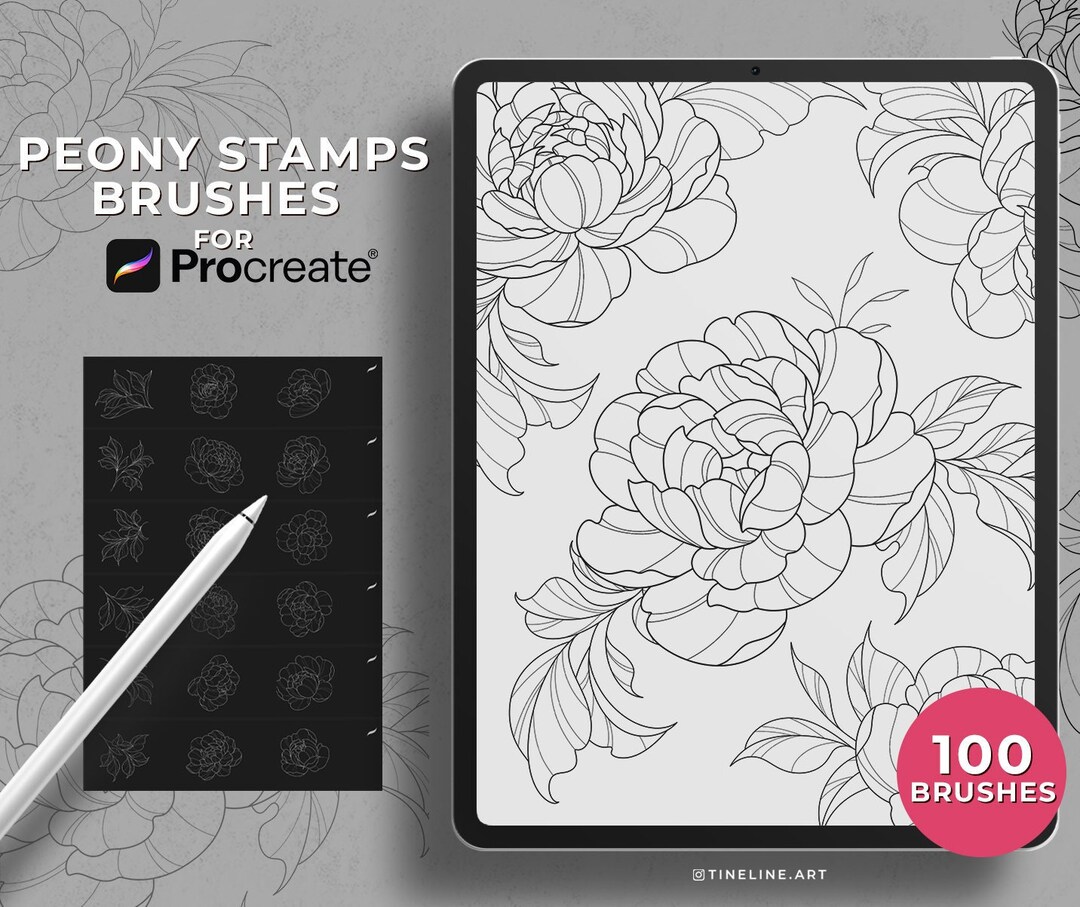 100 Peony Tattoo Stamps for Procreate | Flowers Leaves Tattoo Brushes ...