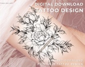 Instant Download Tattoo Design - Peonies Flowers Floral Printable Feminine Tattoo Design, Printable stencil template
