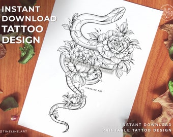 Abstract Snake and Peonies Tattoo Design – Black/Grey (Instant Download)