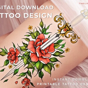 Tattoo Design - Feminine Neotraditional Elegant Sword with Peony - Printable - Instant Digital Download