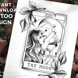 Tattoo Design - The Moon Tarot Karte Feminin,Fineline - Schwarz/Grau - Sofortiger Download und Druckbar - Illustration mit Schablone