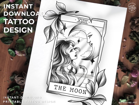 Tattoo Design La Carta dei Tarocchi della Luna Femminile, Fineline Nero /  Grigio Download istantaneo e stampabile Illustrazione con stencil -   Italia