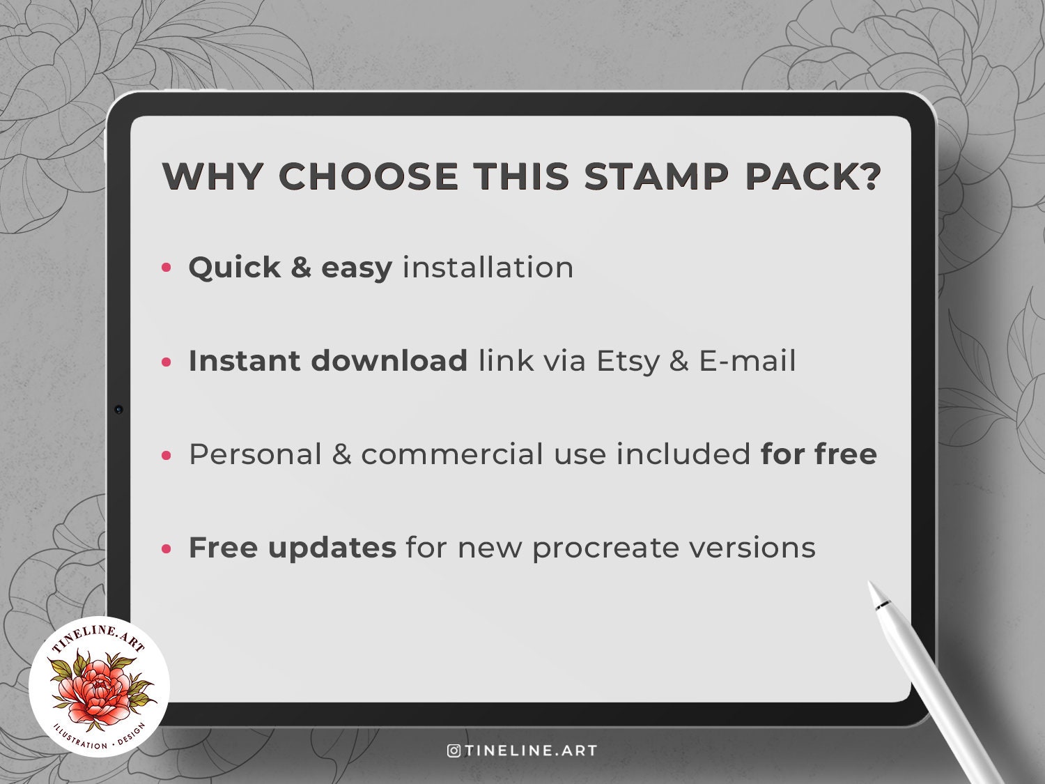 100 Peony Tattoo Stamps for Procreate | Flowers Leaves Tattoo Brushes ...