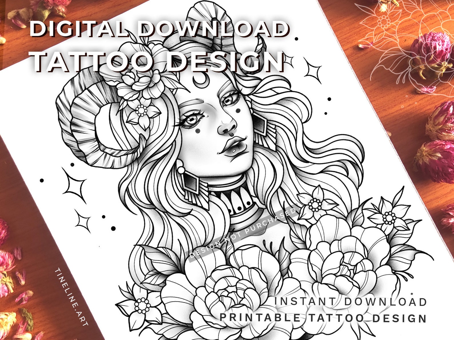 Capricorn Lady With Flowers and Peonies Printable Tattoo Design ...