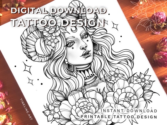 Capricorn Lady With Flowers and Peonies Printable Tattoo - Etsy