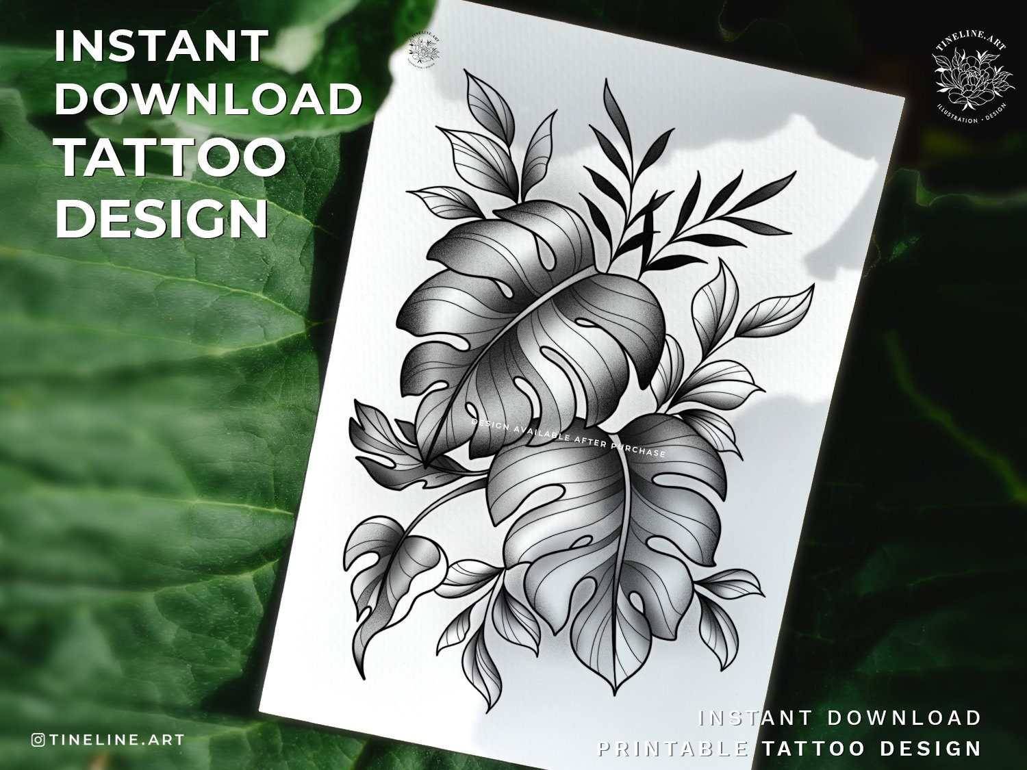 Greyscale Monstera Plant With Leaves Black/grey Instant Download Printable Tattoo Design Tattoo Illustration With Stencil - Etsy