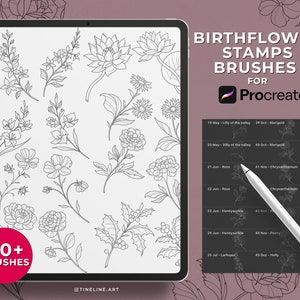 Mais de 40 selos de tatuagem de flor de nascença para Procreate | Pincéis de tatuagem de folhas de flores | Uso comercial