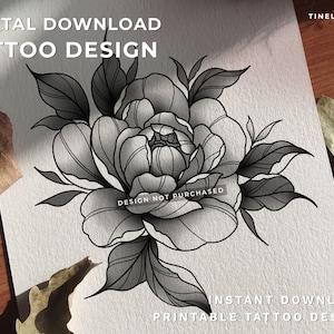 Instant Download - Black/Grey Greyscale Tattoo Design Neotraditional Peony Floral Printable Feminine Design