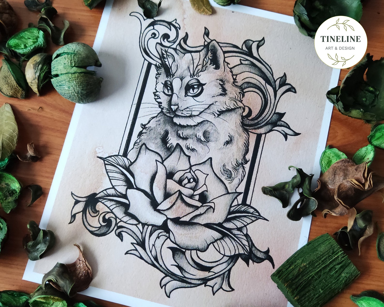 Rose Neotraditional Blackwork Cat Tattoo Art Print - Etsy