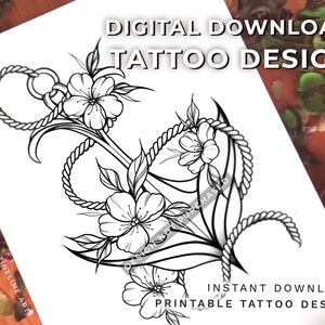 Floral Elegant Anchor - Diseño de tatuaje femenino - Imprimible - Descarga digital instantánea