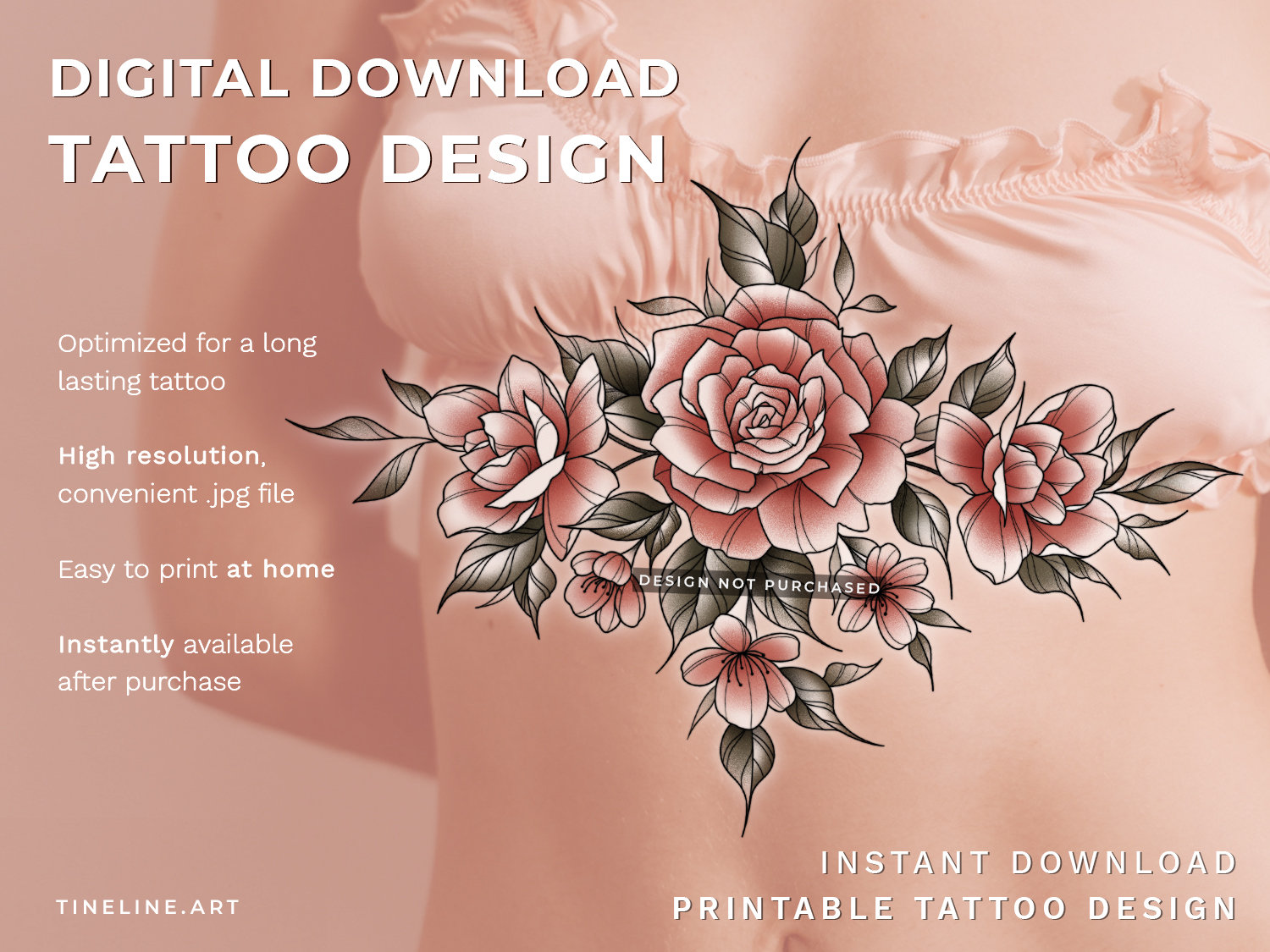 Feminine Neotraditional Rose Floral Underboob Printable Tattoo Design ...