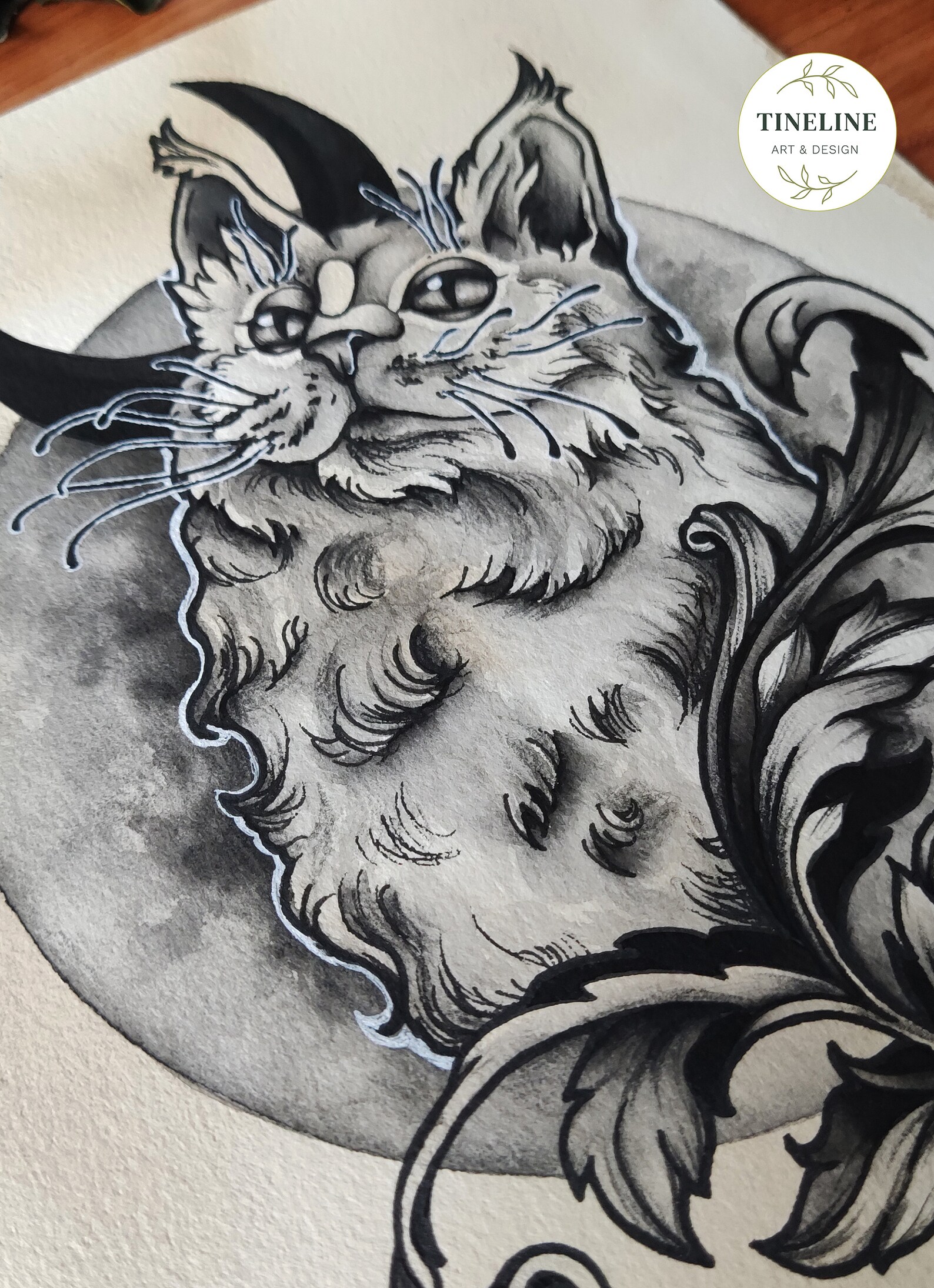 Tattoo schwarz schwarz &amp; grau Katze Mond Original Acryl Tinte Etsy
