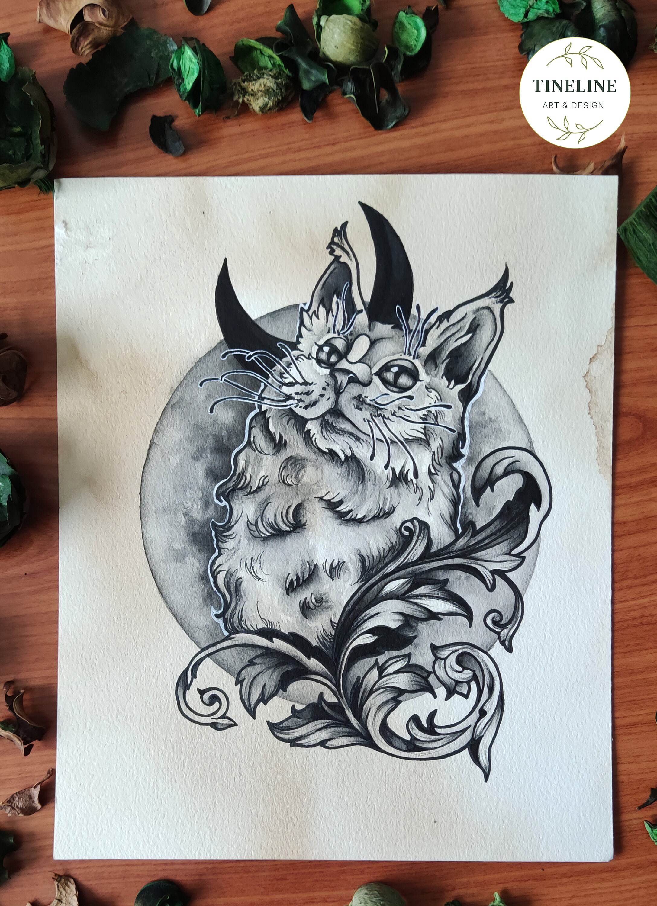 Tattoo schwarz schwarz &amp; grau Katze Mond Original Acryl Tinte Etsy
