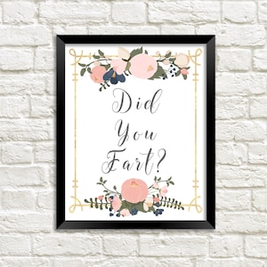 May include: A white framed print with a floral border and the text "Did You Fart?" in black cursive font.