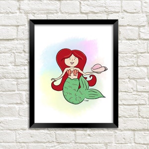 Mermaid Print, Nursery Print, Mermaid Illustration, Mermaid Wall Art, Mermaid Decor, Mermaid Nursery, Nursery Digital Art, Cute Mermaid Art