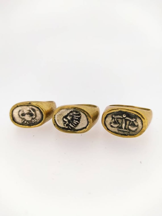 Signet ring/bronze and silver 925/zodiac signs/art Jewelry/last wax tecnique/Hand made Jewelry/woman and man rings/Lion aquarium cancer ring