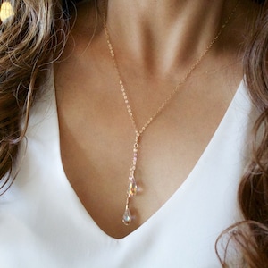 Crystal Drop Y Necklace//Gold Lariat Necklace//Quartz Necklace//Bridesmaid Necklace//Swarovski Crystal Necklace//Silver, Rose gold//Dainty