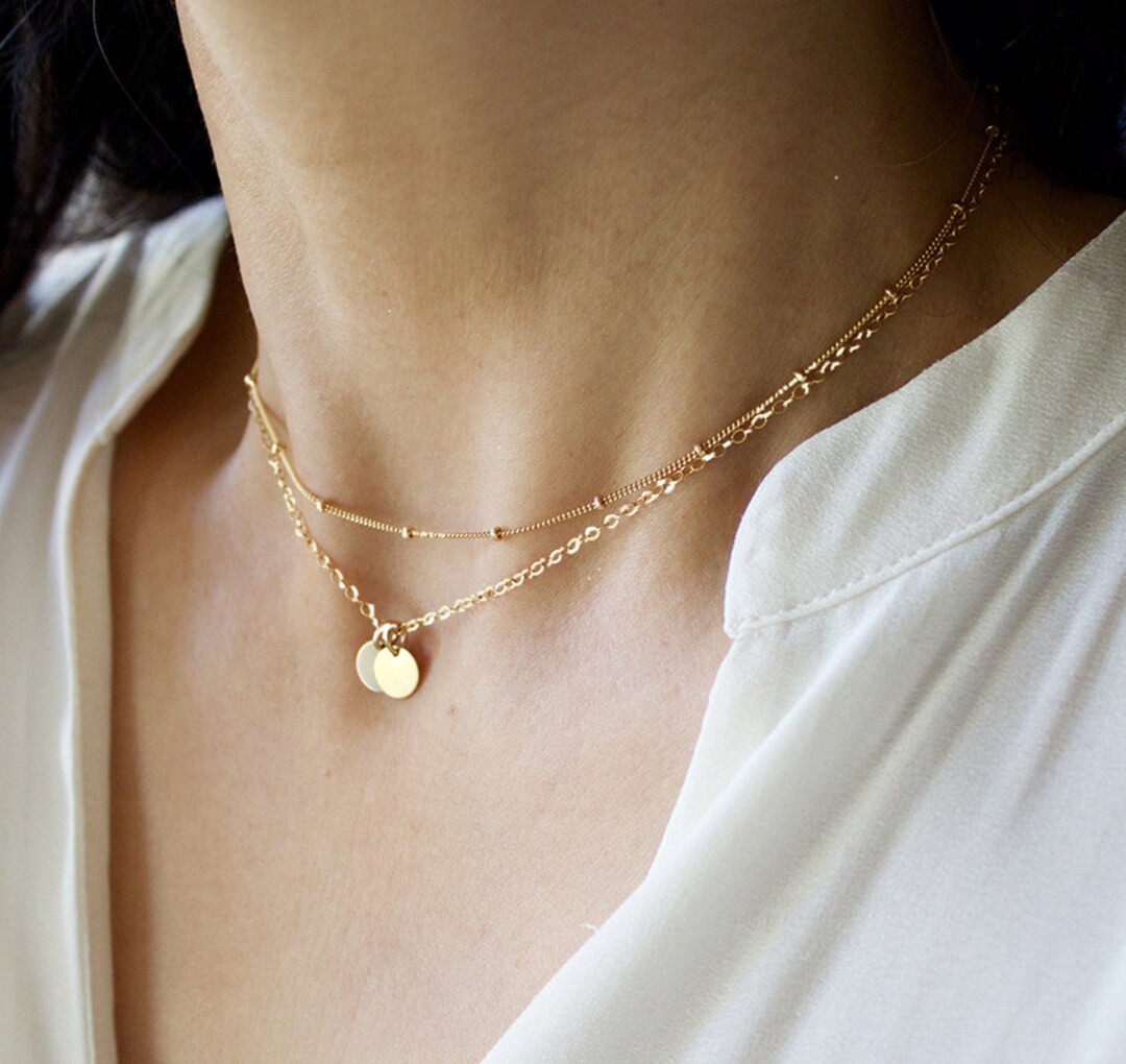 Gold Initial Disc Layered Necklace: Beaded Satellite Chain