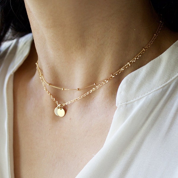 Small Disc Layering Necklace//Gold Initial Disc Layered//Engraved Disc//Tiny Initial Disc//Beaded Satellite Chain//Sterling Silver,Gold Fill