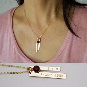 Personalized Gold Two Vertical Bar Necklace//Birthstone Necklace//Engraved Bar//Annivercery Gift,Birthday Gift,Gift for Mom//Gold Fill,Silve