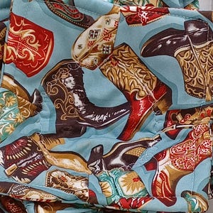 Microwave Bowl Cozy, Soup Bowl Cozy, Hot Pads - BOOT SCOOTIN, Fancy Boots on Blue ~  **2 Sizes Available**