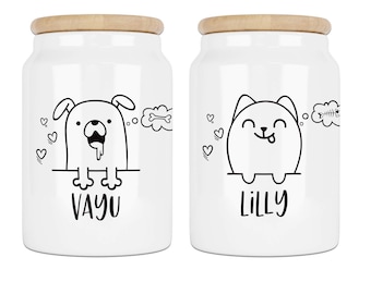 Personalized treat tin for dogs and cats – ceramic, white, with name