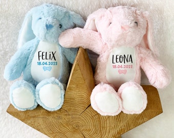 Gift for the birth of twins or a gift for siblings - two cuddly bunny toys personalized with name and birth details