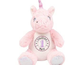 Schulanfang Einhorn Stofftier zur Einschulung Kuscheltier für die Schultüte Geschenk für Mädchen personalisiert mit Schulkind und Name