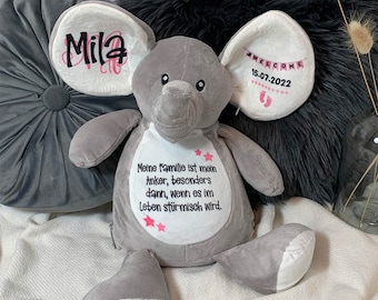 Elephant baby gift cuddly toy gift idea for birth & baptism personalized with name birth date baptism saying