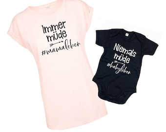 Matching Mother and Baby Outfit "Always Tired / Never Tired" Motherhood Bodysuit Baby Bodysuit & Mother Shirt Mom and Me
