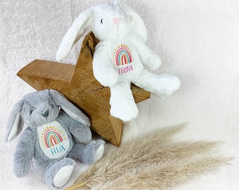 Small plush rabbit in grey or white – cuddly toy rabbit personalized with rainbow and name