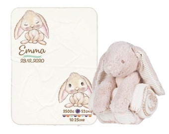 Personalized cuddly toy with blanket, baby comfort blanket with rabbit, featuring name, date of birth, size, weight, and time of birth.