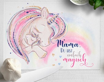Unicorn glass cutting board for Mother's Day or birthday "Mom, you are simply magical" personalizable with name