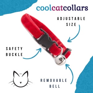 Soft Double Velvet Cat Collars. Cat or Kitten Safety Collar with Quick Release Buckle and Removable Bell Red, Green, Blue Cat Collars image 4