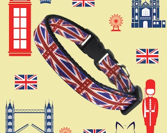 British Flag Union Jack Cat Collar. Cat or Kitten Safety Collar with Quick Release Buckle and Removable Bell