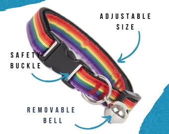 Rainbow Flag Cat Collar. NHS & Pride Cat or Kitten Safety Collars with Quick Release Buckle and Removable Bell