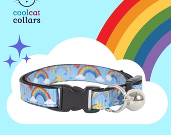 Over The Rainbow Blue Cat Collar. Cat or Kitten Safety Collars with Quick Release Buckle and Removable Bell