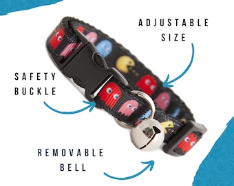 PAC-MAN Retro Cat Collar. Cat or Kitten Safety Collars with Quick Release Buckle and Removable Bell