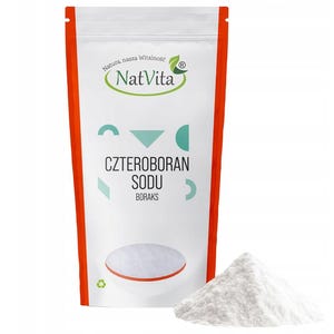Könnte beinhalten: Ein weißer Beutel mit orangefarbenen Rändern, mit der Aufschrift "NatVita" und "CZTEROBORAN SODU BORAKS". Ein kleiner Haufen weißes Pulver befindet sich neben dem Beutel. Der Beutel hat ein grünes Blattlogo.