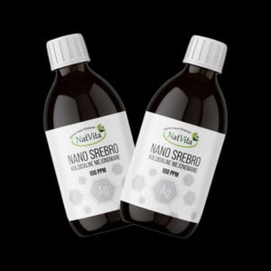 May include: Two dark brown bottles with white labels and white caps. The labels read "NatVita NANO SREBRO KOLOIDALNE NEJONOWANE 100 PPM Ag". The bottles are set against a black background.